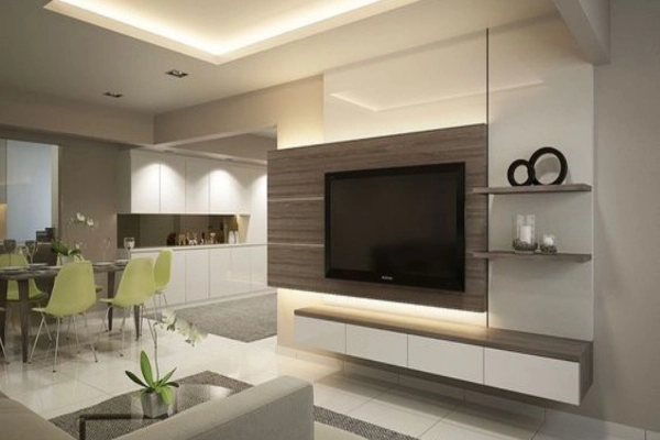 The TV unit in the center and open shelves in living room3