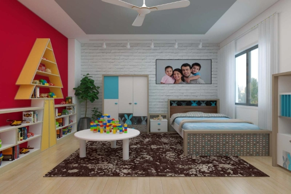 A multifuntional kids bedroom with a play area2